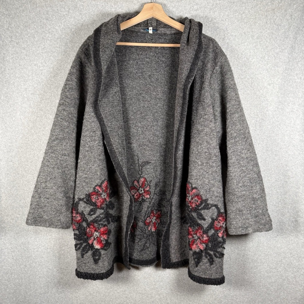 Blue Marine Wool Cardigan Womens Large Gray Felted Embroidered Sweater Vintage